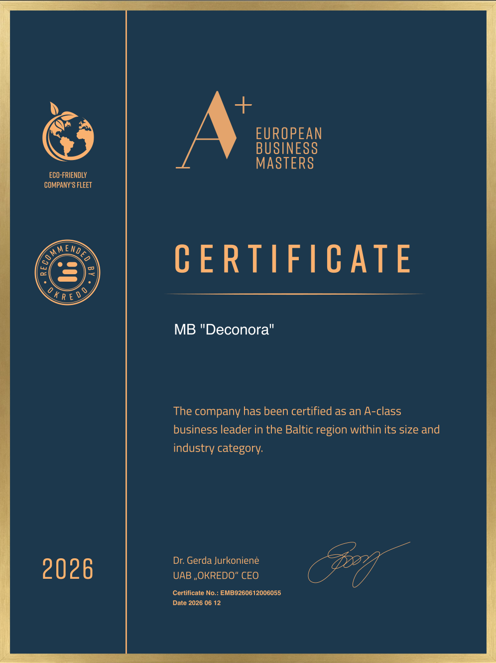 European Business Masters certificate for Deconora