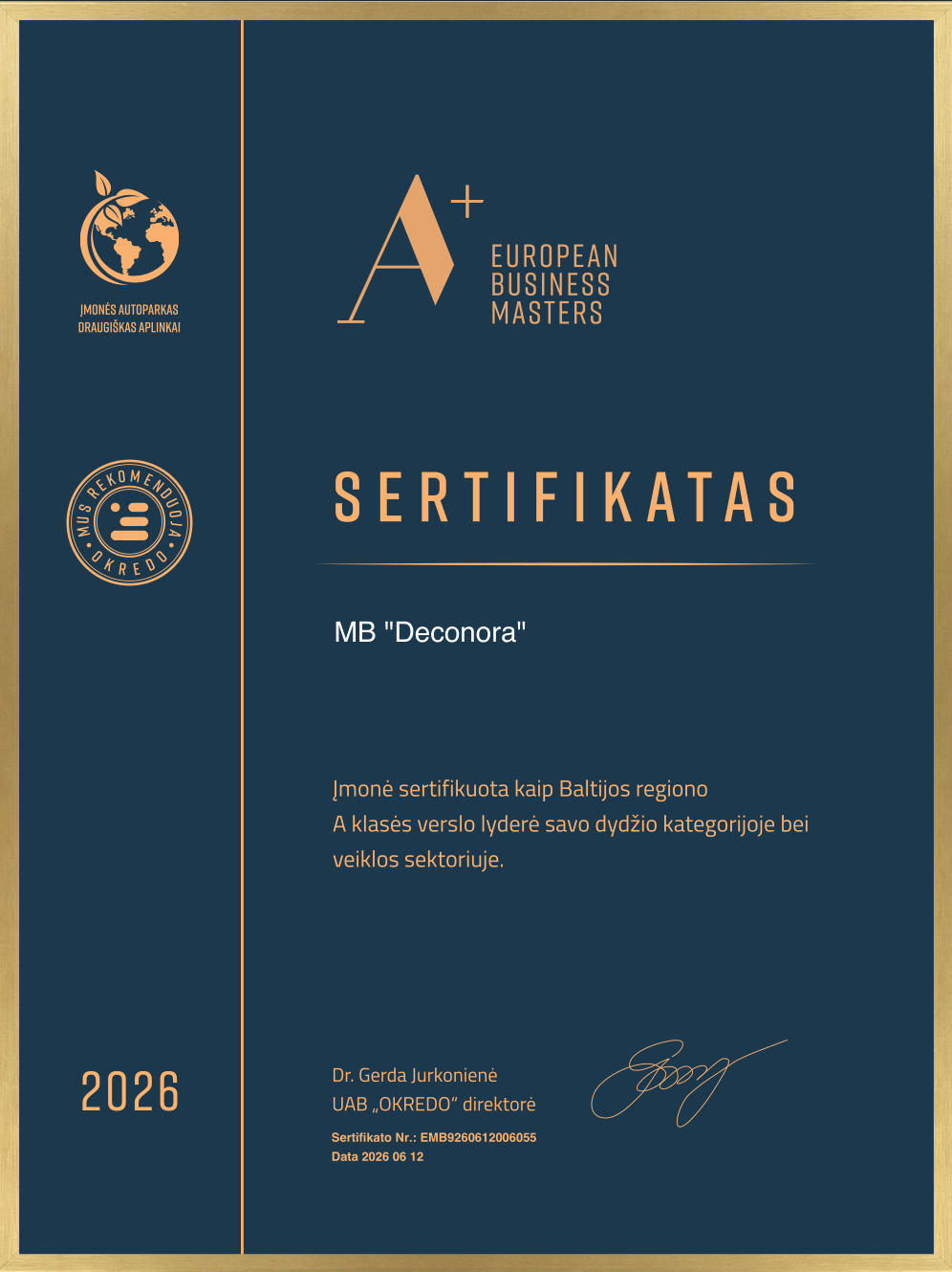 European Business Masters sertifikatas įmonei Deconora